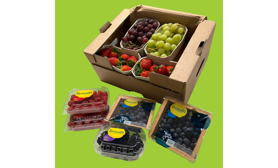 Raspberries, Blueberries, Strawberries, Blackberries, Red Grapes, and Green Grapes in display for London Fruit delivery.