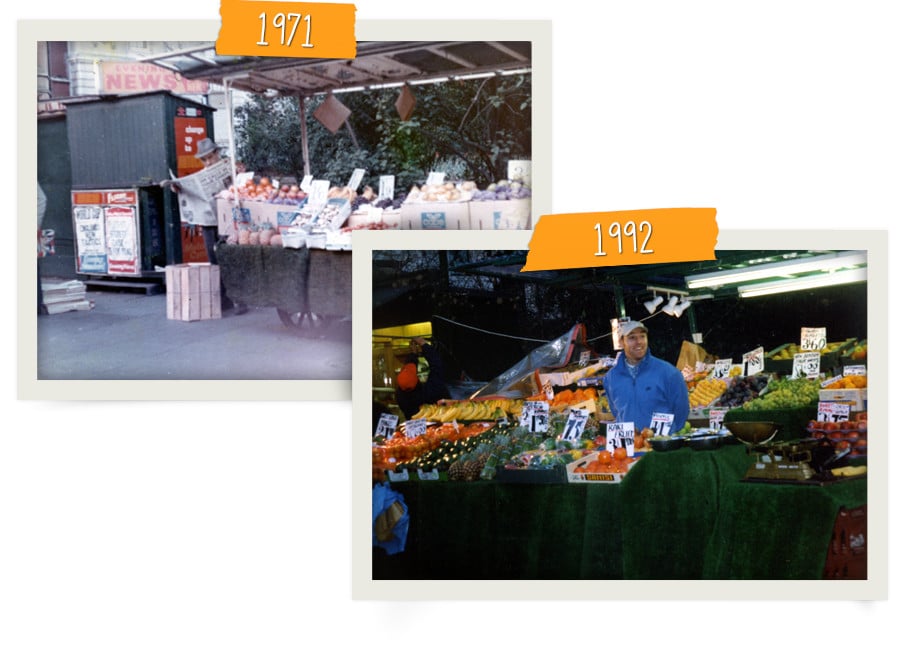 Fruit Stall in 1971, compared to our stall in 1992 (with our current Director standing by it)