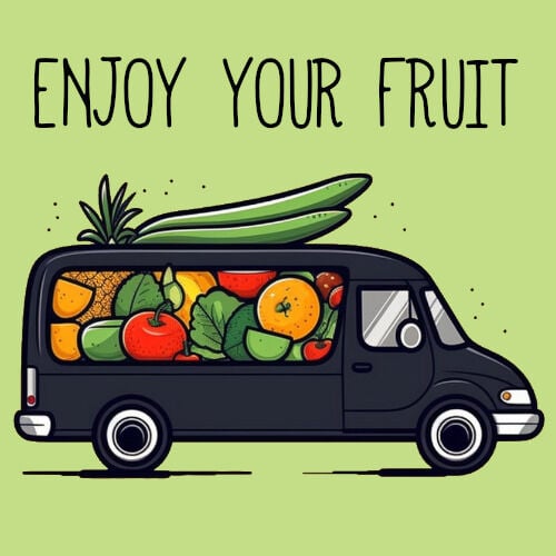 A delivery van with fruit on the side with the text "Enjoy your fruits"